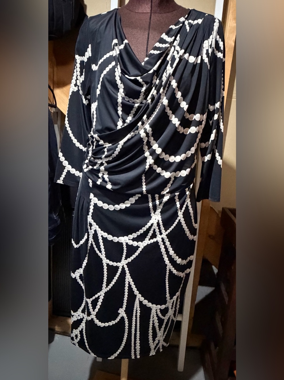 Précis Draped Bead-Chain Print Dress Sz 16